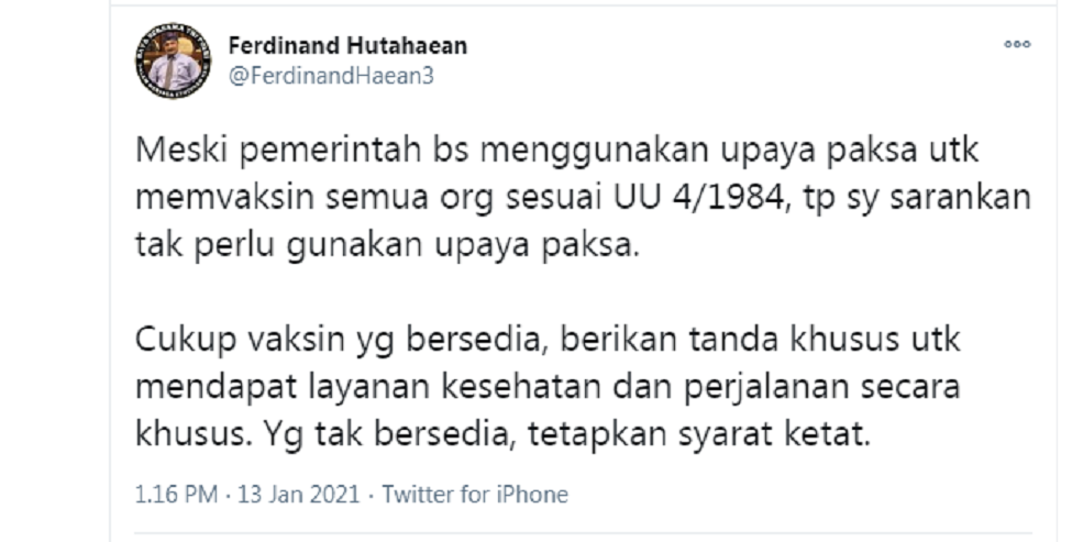 Tangkap Layar: Ferdinand Hutahaean berikomentar terkait pelaksanaan vaksinasi di Indonesia.*
