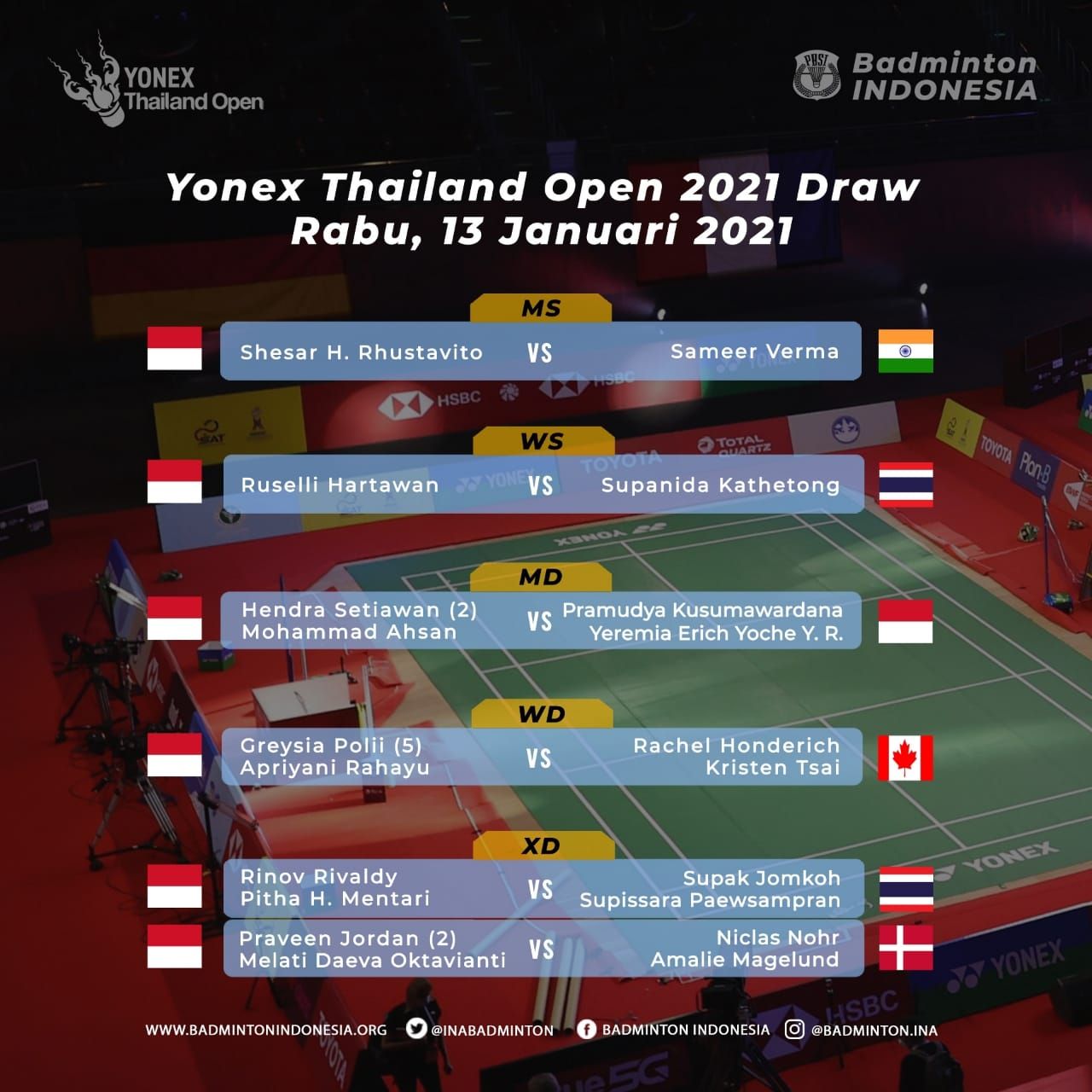 Tangkapan layar jadwal pertandingan Yonex Thailand Open, Rabu 13 Januari 2021