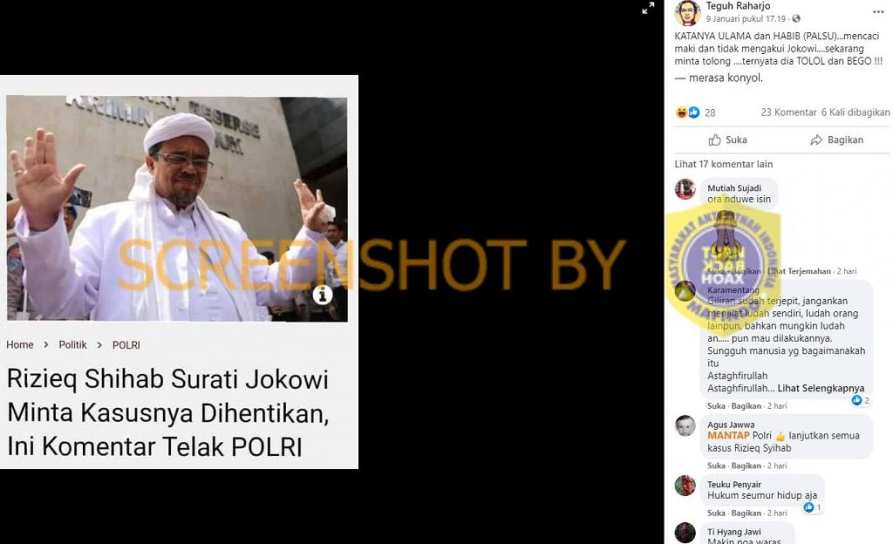 Gambar tangkap layar postingan akun facebook yang menyatakan bahwa HRS surati Jokowi untuk minta kasusnya dihentikan.