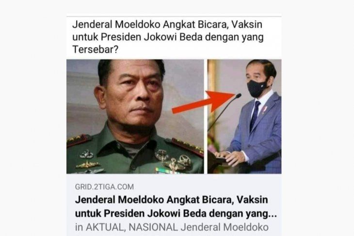 Tangkapan layar unggahan hoaks di media sosial mencatut nama Moeldoko yang mengatakan vaksin untuk Presiden Joko Widodo berbeda dengan yang diedarkan.