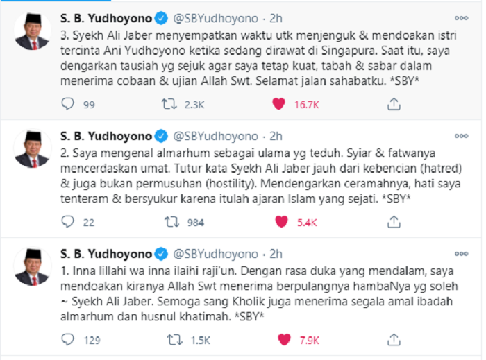 Tangkapan kayar cuitan Susilo Bambang Yudhoyono.