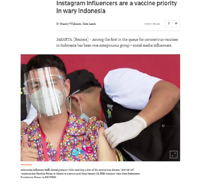 Media asing menyoroti vaksinasi di Indonesia yang memprioritaskan influencer sebagai penerima vaksin gelombang I dibandingkan lansia.*