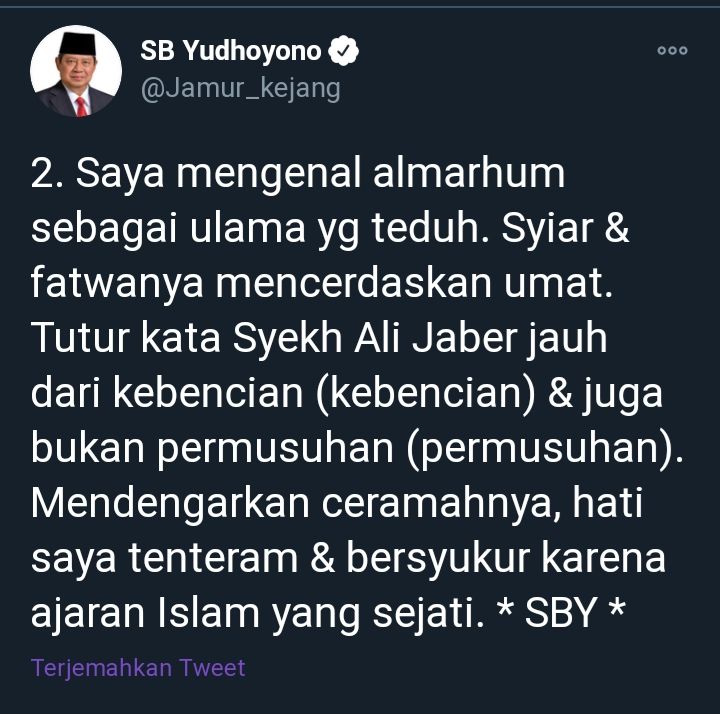 Ucapan belasungkawa dari SBY atas meninggalnya Syekh Ali Jaber.*
