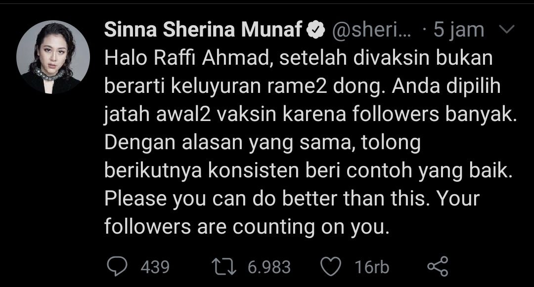 Tangkapan layat Twitter Sherina Munaf tanggapi Raffi Ahmad