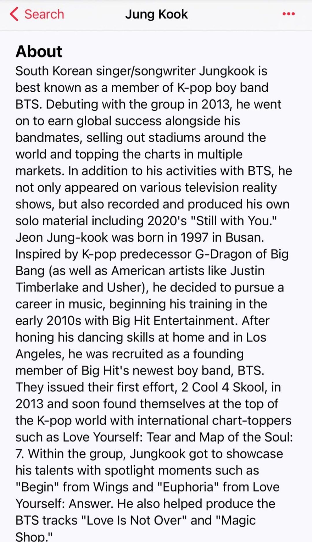 Profil Jungkook BTS di Apple Music.