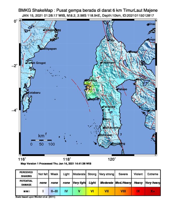 Pusat gempa Majene yang berkekuatan M 6,2 pada Jumat 15 Januari 2021 dini hari WITA.