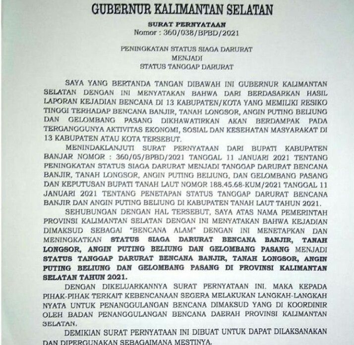 Surat Pernyataan Gubernur Kalimantan Selatan terkait penetapan status dari siaga menjadi tanggap darurat