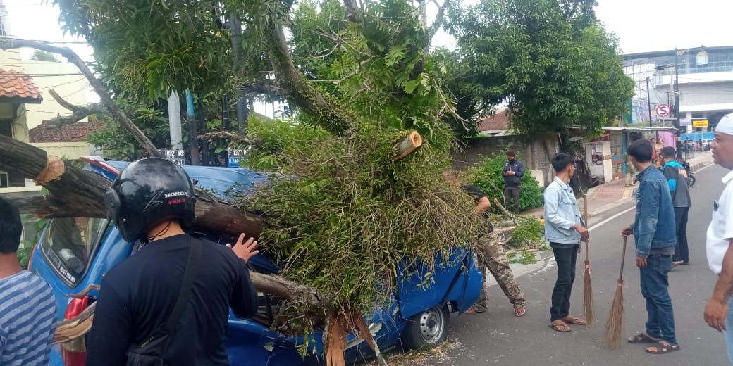 Pohon tumbang menimpa dua mobil di ruas Jalan Dr Muwardi, Bypass, Kabupaten Cianjur, Jawa Barat.