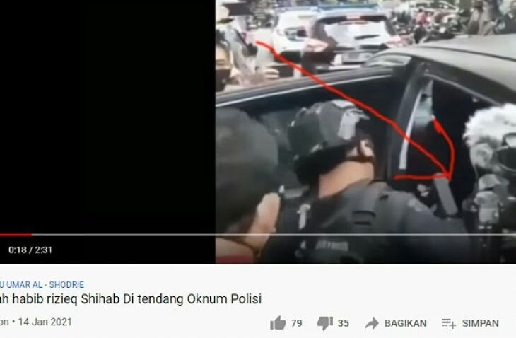Tangkapan layar hoaks yang menyatakan Rizieq Shihab ditendang polisi ketika masuk mobil tahanan 