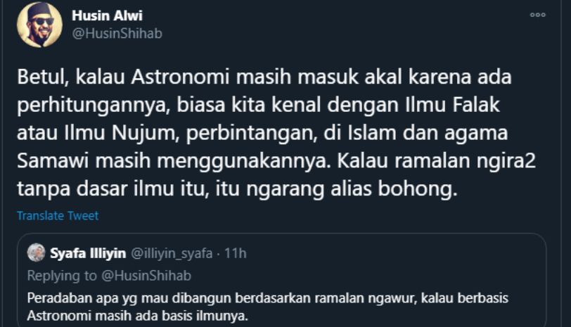 Cuitan Husin Shihab yang membandingkan ramalan dengan ilmu astronomi.*