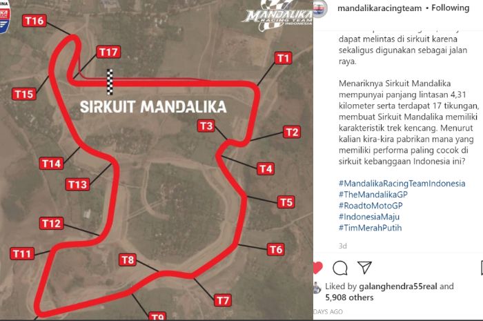 Layout Sirkuit Mandalika yang dibagikan tim balap Mandalika Racing Team dalam unggahannya di akun Instagram