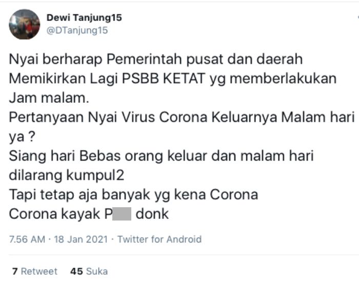 Cuitan Dewi Tanjung soal pemberlakuan PSBB DKI Jakarta di malam hari.*