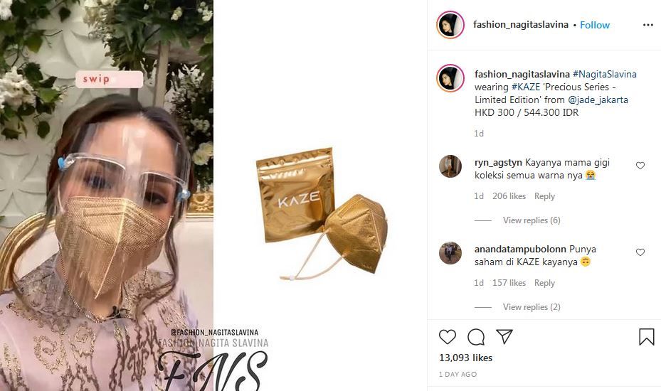 Salah satu unggahan Instagram yang menyoroti gaya fashion Nagita Slavina saat mengenakan masker seharga setengah juta.