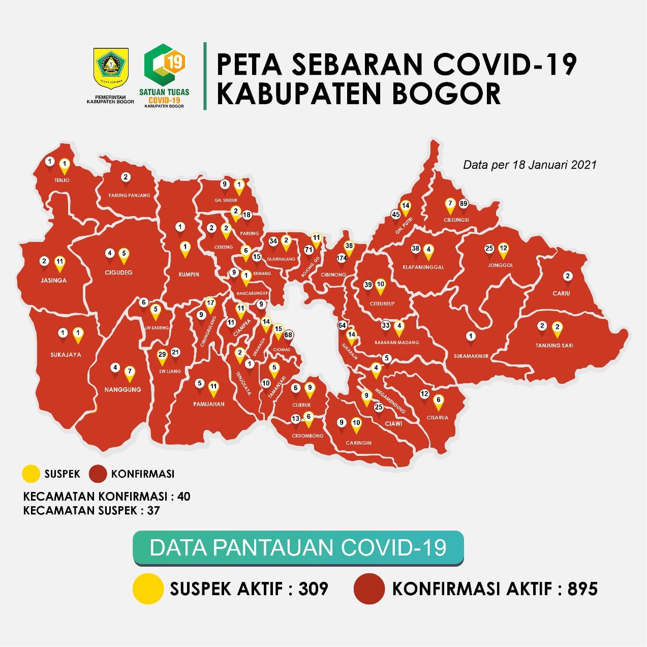 Peta sebaran Covid-19 Kabupaten Bogor per 18 Januari 2021.*