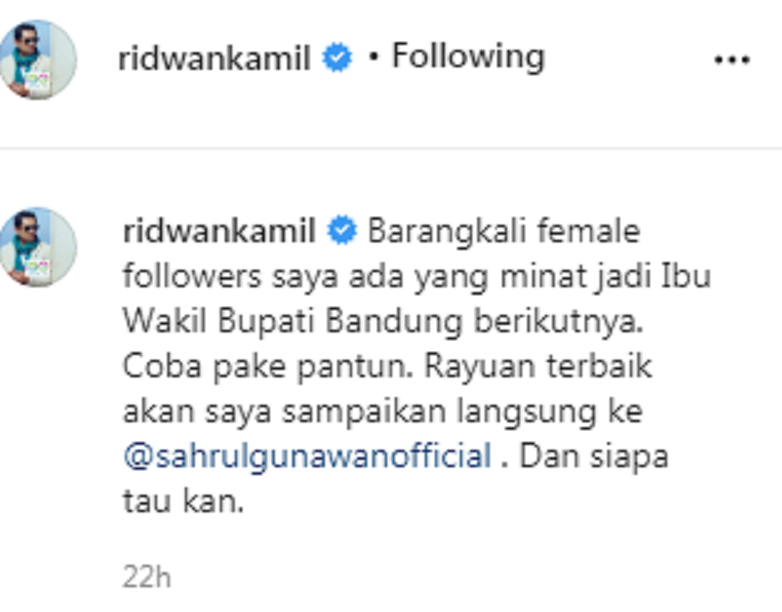 Caption Ridwan Kamil dalam salah satu postingannya di instagram yang mencarikan jodoh Sahrul Gunawan*/