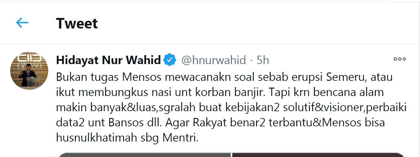 Tangkapan layar Twitter Hidayat Nur Wahid./Twitter/@hnurwahid