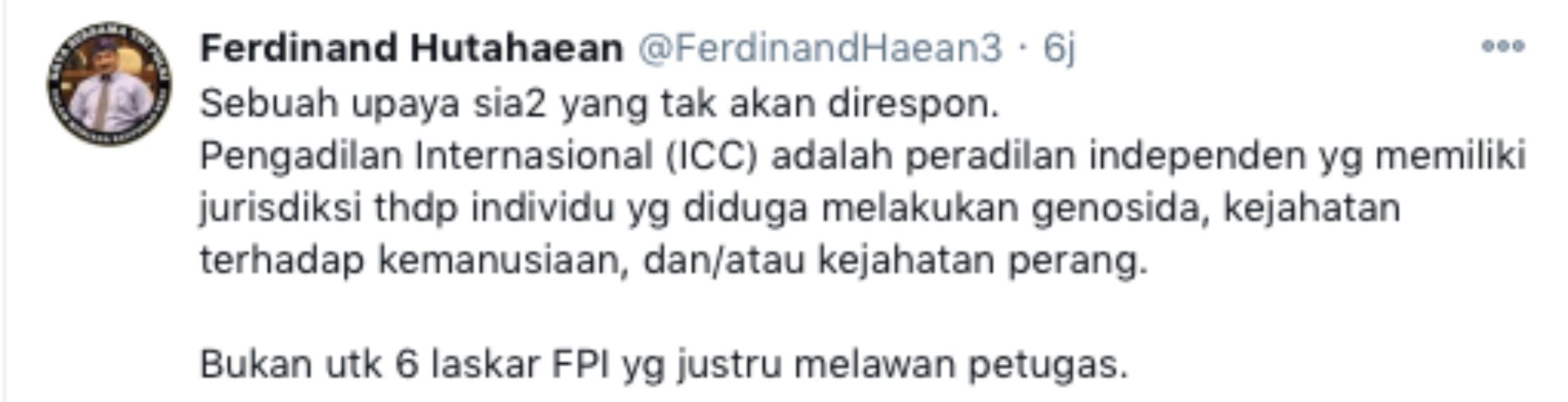 Cuitan  Ferdinand Hutahaean yang menyoroti tindakan Tim Advokasi 6 anggota FPI.*