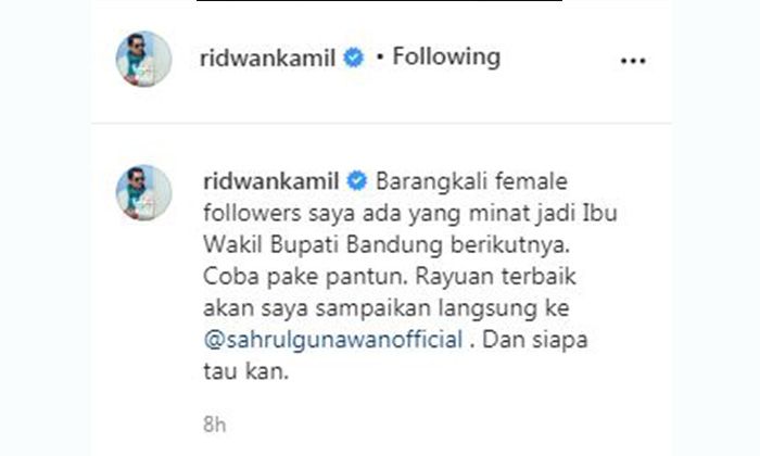 Gubernur Jabar Ridwan Kamil membantu mencarikan calon istri bagi Wakil Bupati Bandung terpilih Syahrul Gunawan