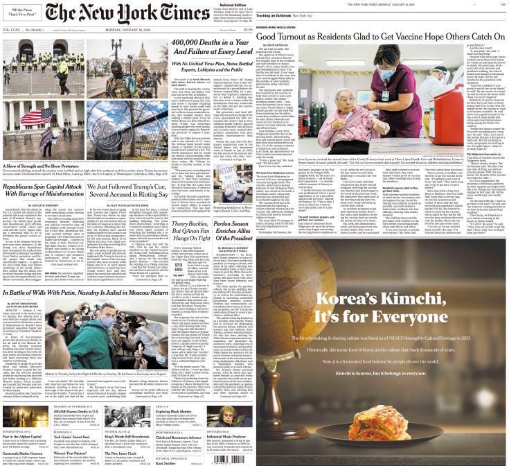 New York Times edisi hari Senin menampilkan iklan kimchi yang dipasang oleh Seo Kyoung-duk