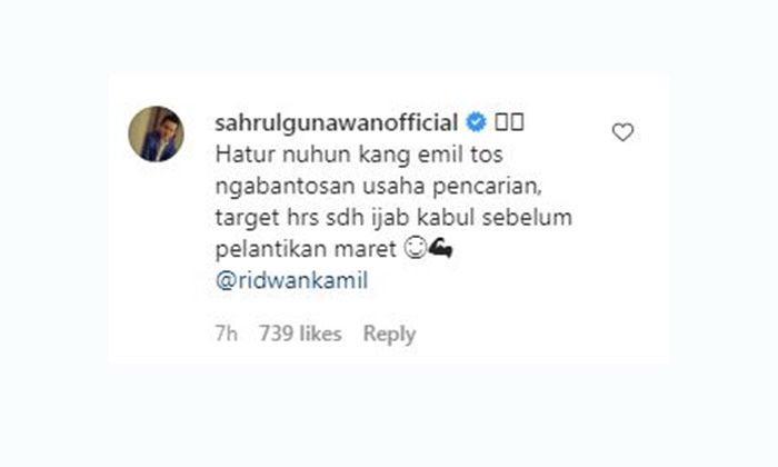 Wakil Bupati Bandung terpilih Syahrul Gunawan membalas postingan Gubernur Jawa Barat Ridwan Kamil soal bantuan untuk mencarikan calon istri baru untuknya