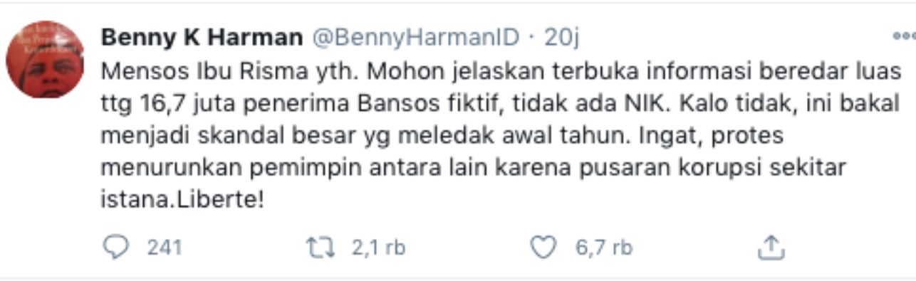 Benny Harman mendesak Menteri Sosial Tri Rismaharini untuk membongkar adanya keluhan penerima bantuan sosial.*