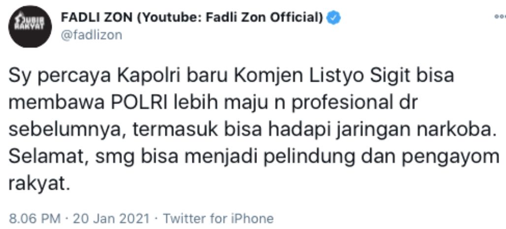 Tanggapan Fadli Zon atas terpilihnya Komjen Pol Listyo Sigit sebagai Kapolri yang baru.*