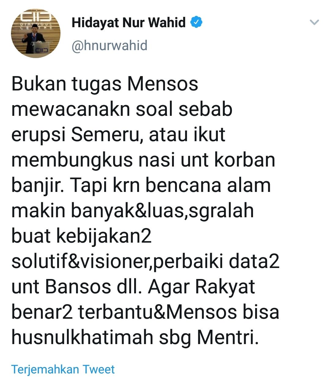 Cuitan Hidayat Nur Wahid di Twitter, Rabu 20 Januari 2021. 