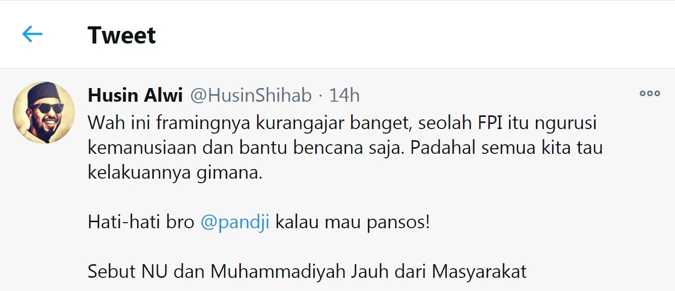 Tangkapan layar cuitan Husin Shihab di Twitter./Twitter/@HusinShihab.