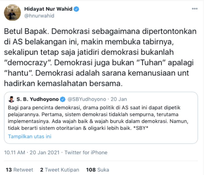 Hidayat Nur Wahid menanggapi cuitan SBY soal politik di Amerika Serikat.*