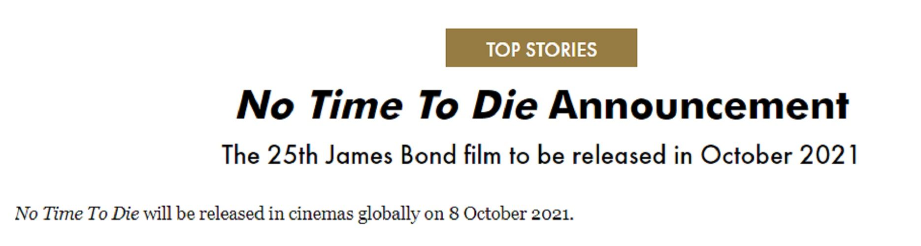 Film James Bond 'No Time to Die' ditunda kembali  peluncurannya menjadi Oktober 2021