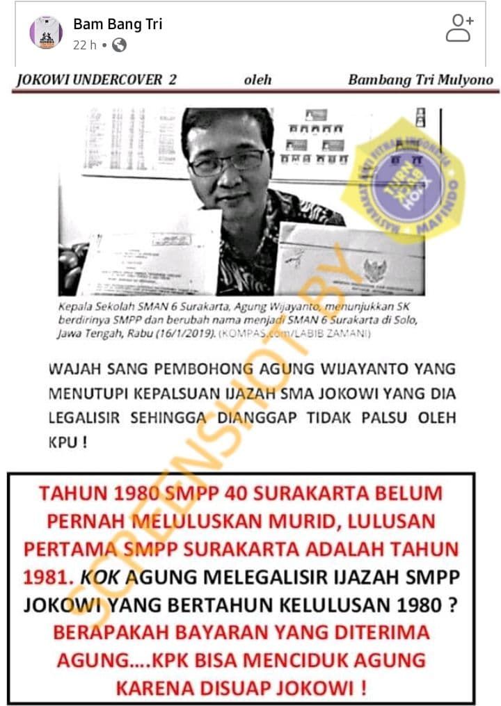 Beredar narasi yang menyebutkan jika ijazah SMA Jokowi palsu.