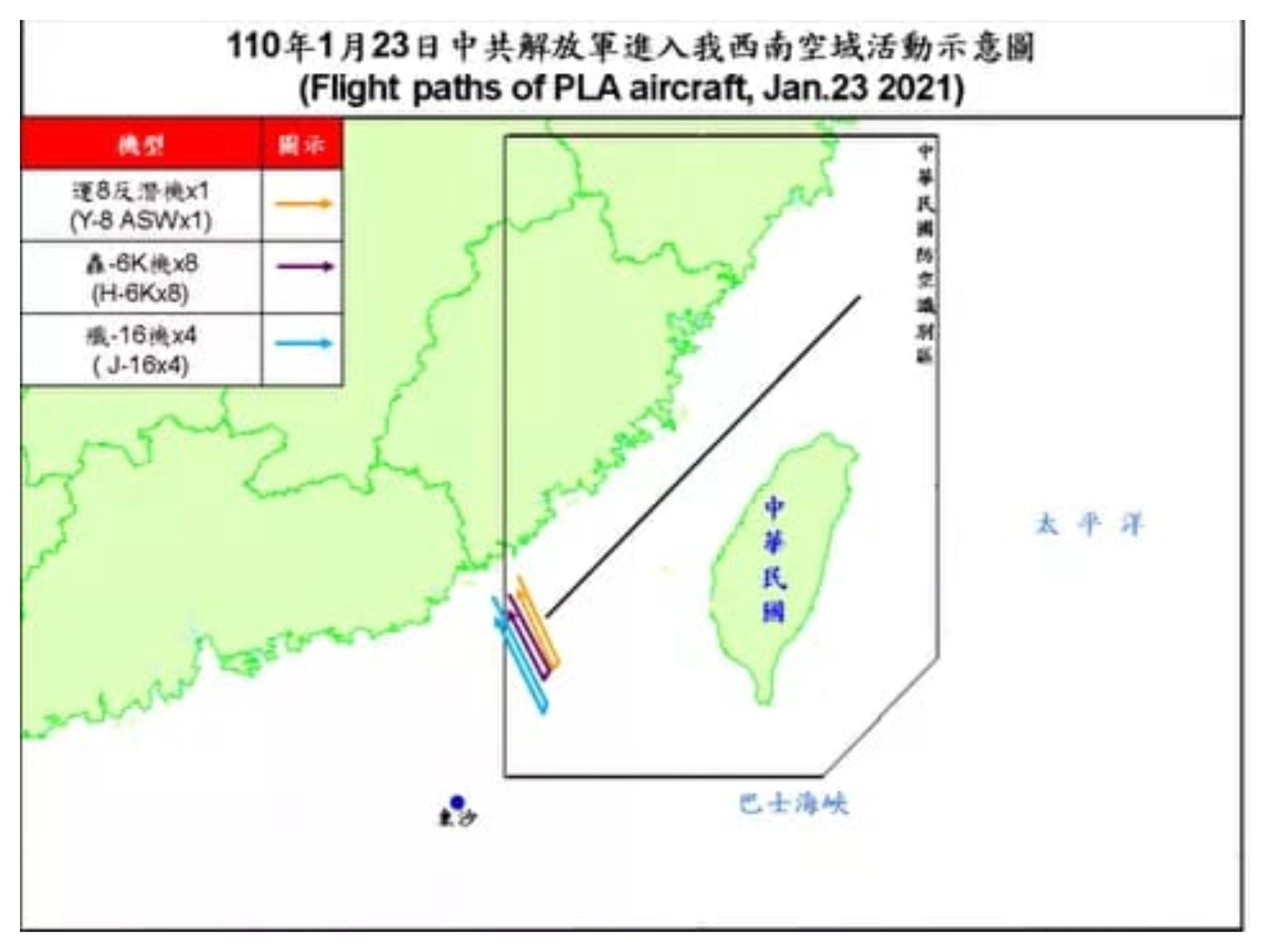 Peta yang menunjukkan jalur penerbangan pesawat-pesawat China/ Dok.Kementerian Pertahanan Taiwan