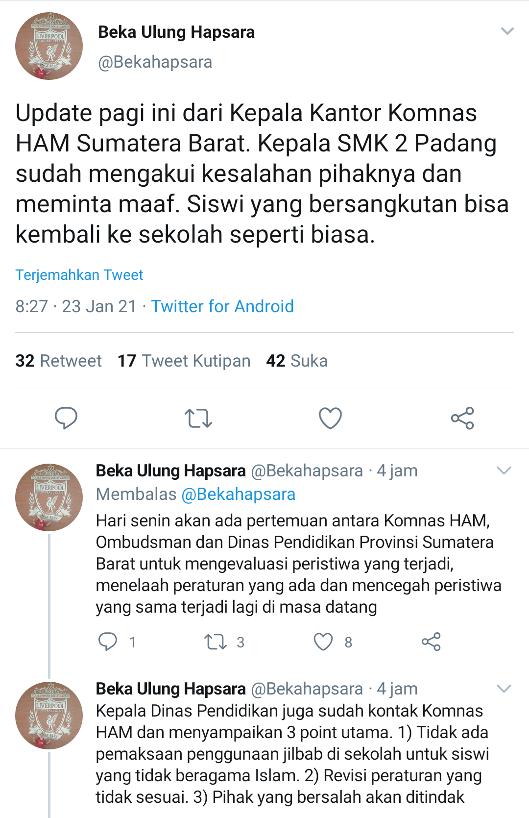 Cuitan Komisioner Komnas HAM, Beka Ulung Hapsara membagikan update terkini mengenai kasus pemaksaan penggunaan jilbab di SMK 2 Padang.*