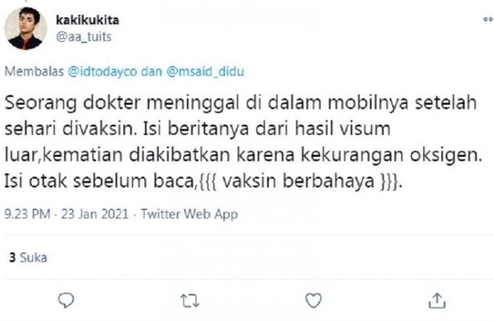 Tangkapan layar unggahan di Twitter mengenai seorang dokter di Palembang diduga tewas usai divaksinasi.