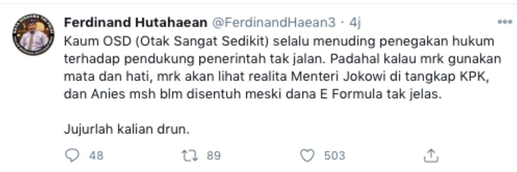 Ferdinand Hutahaean heran dengan sikap segelintir orang yang menuding penegakan hukum di Indonesia tebang pilih.*