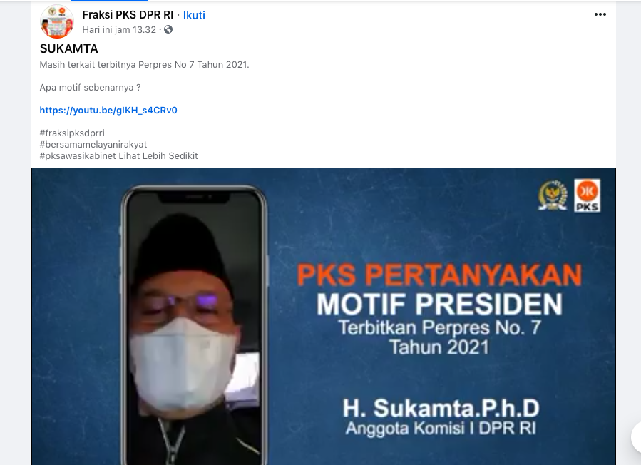 Anggota fraksi PKS mempertanyakan motif Presiden Jokowi keluarkan  Perpres Nomor 7 Tahun 2021.*