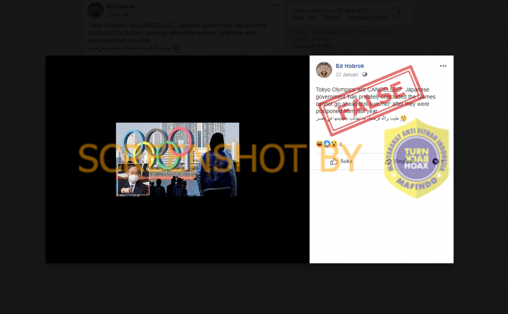 Informasi yang mengeklaim bahwa Olimpiade Tokyo 2021 batal digelar adalah hoaks.Turn Back Hoax
