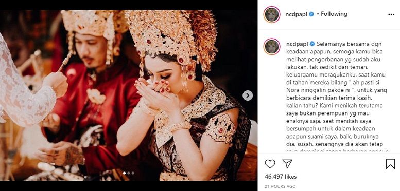 Nora Alexandra istri Jerinx mengunggah foto pernikahannya di media sosial