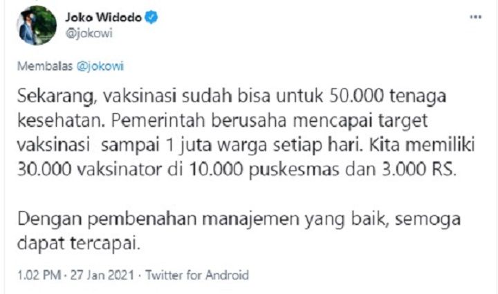 Tangkapan layar unggahan Joko Widodo. 