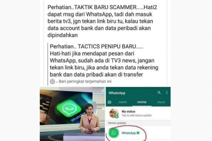 Tangkapan layar akun yang menyebut pesan hoaks tentang status WhatsApp sebagai penipuan bentuk baru. (Facebook)
