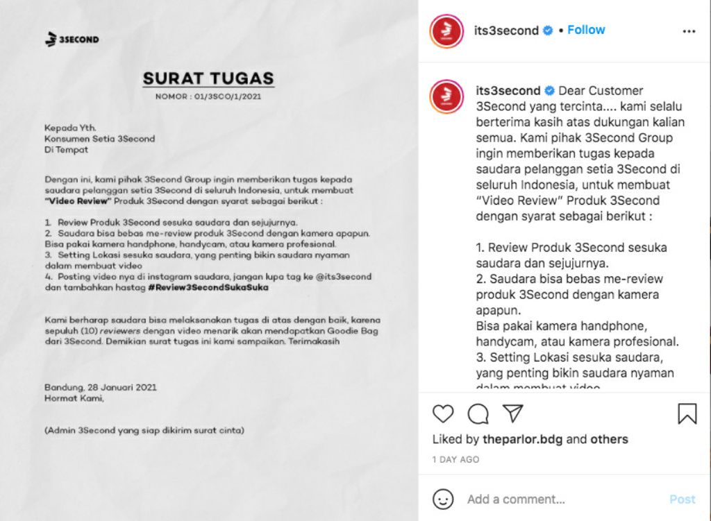 Perusahaan clothing asal Bandung yakni 3Second pun tak ketinggalan membuat posting sindiran lewat review produk secara jujur.