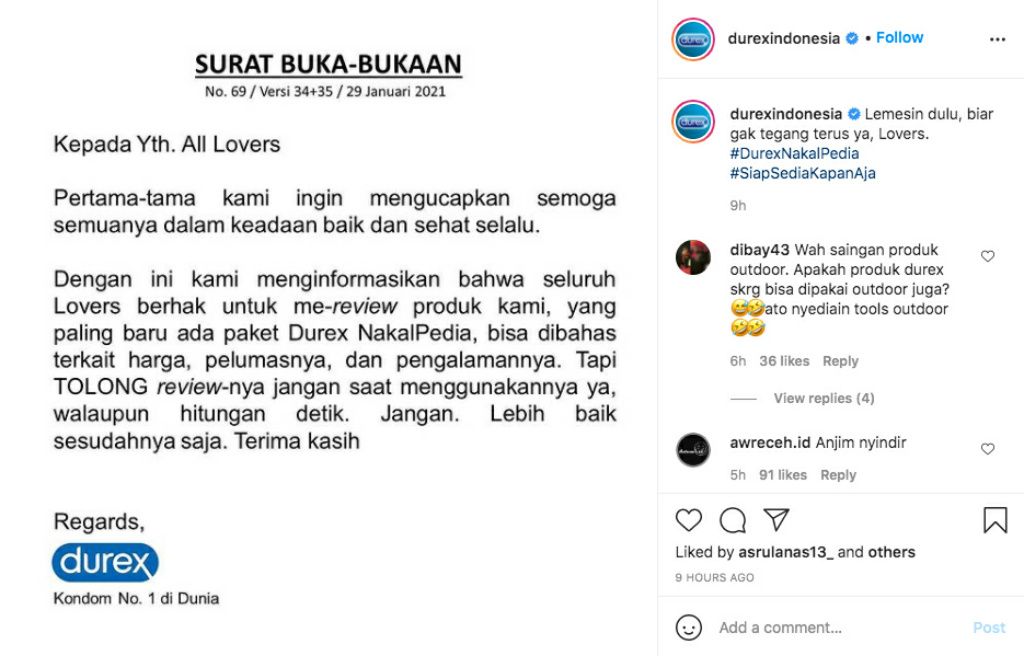 Akun Instagram Durex Indonesia membuat postingan sindiran lewat Surat Buka-Bukaan.