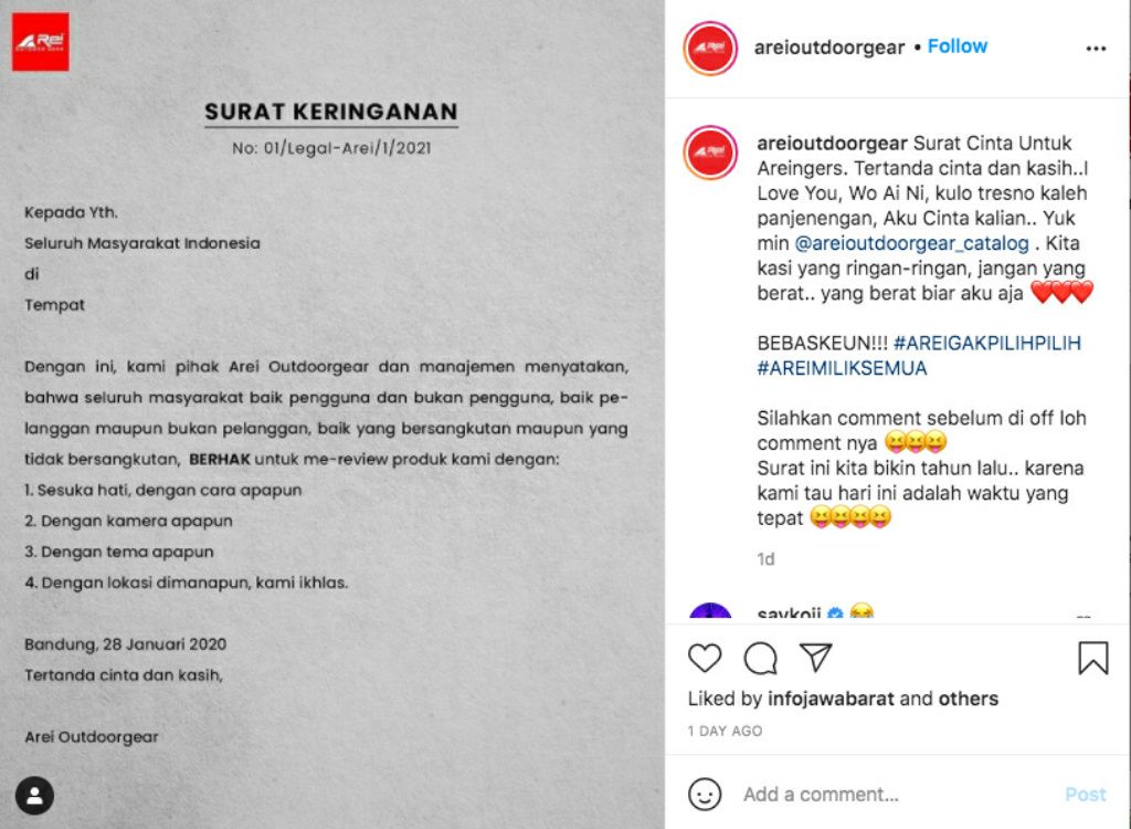 Arei, salah satu kompetitor dari Eiger memposting pesan sindiran di akun Instagram resminya @areioutdoorgear.