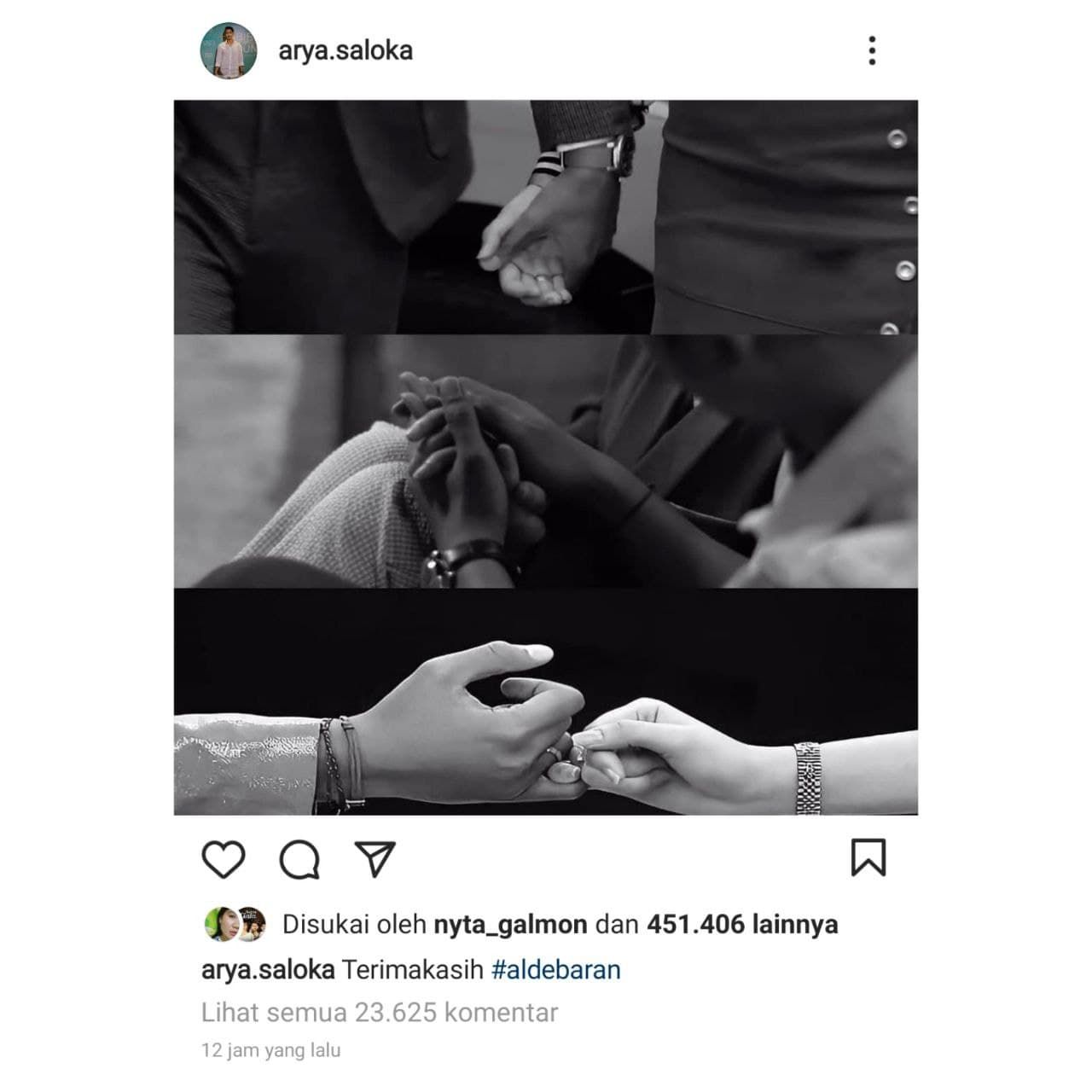 Unggahan foto tangan Aldebaran dan Andin yang diunggah oleh pemeran Aldebaran, Arya Saloka di instagram pribadinya, Minggu 31 Januari 2021 malam 