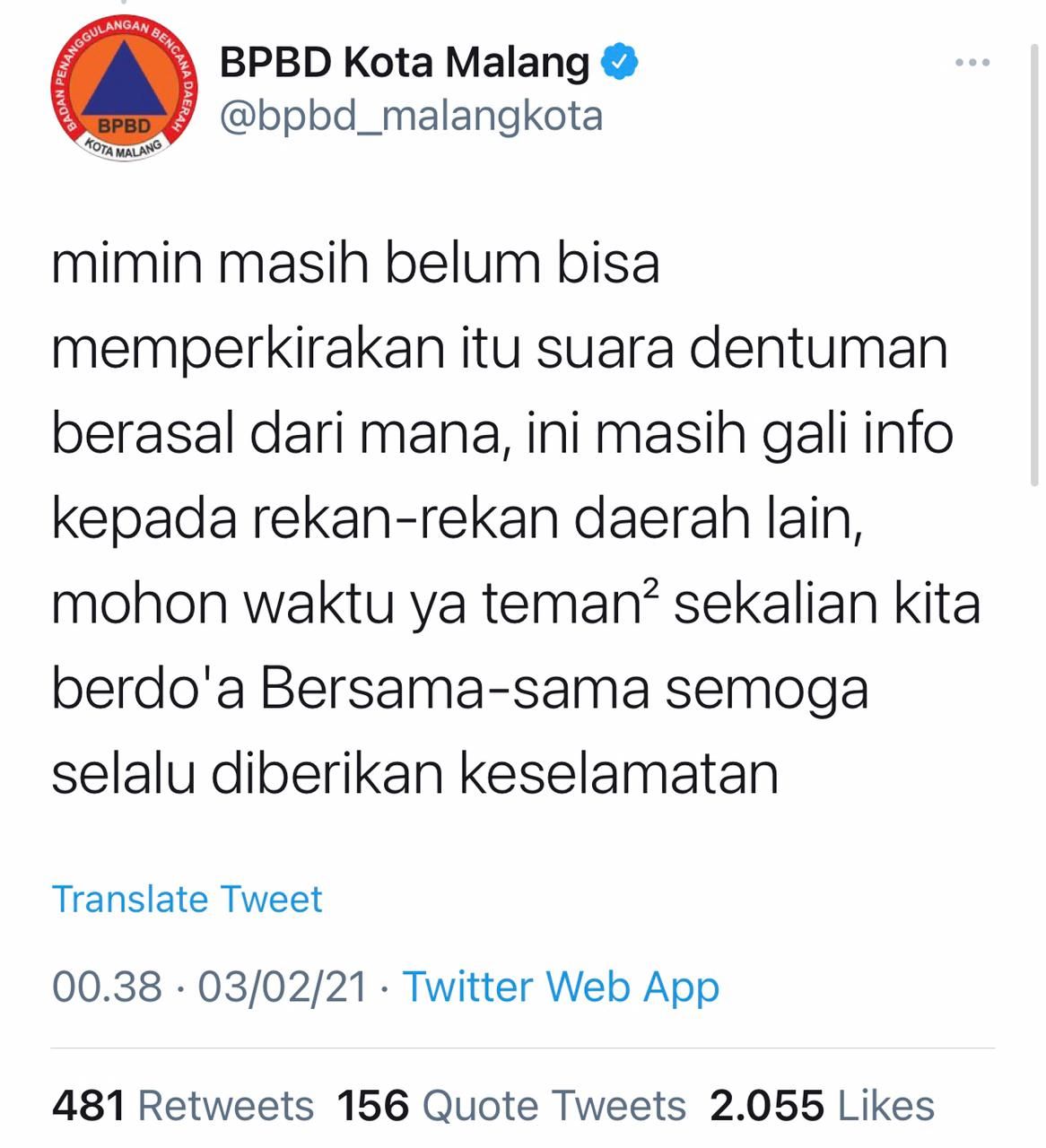 Postingan BPBD Kota Malang terkait suara dentuman.