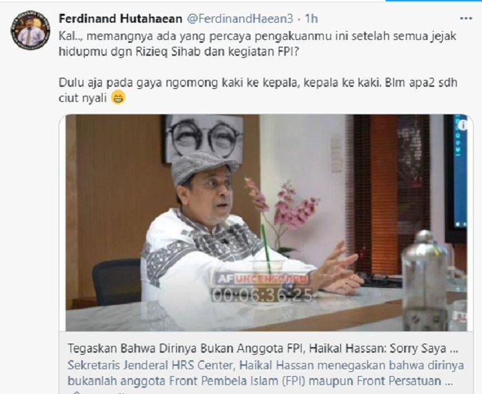 Cuitan Ferdinand Hutahaean mengomentari Haikal Hassan.