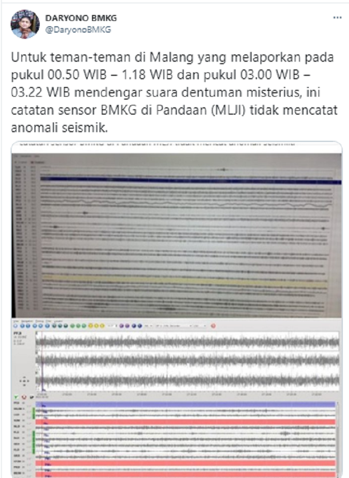 Tangkapan layar klarifikasi BMKG soal dentuman yang terjadi di Malang.  