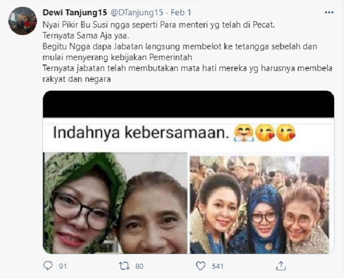 Cuitan Dewi Tanjung soal Susi Pudjiastuti.