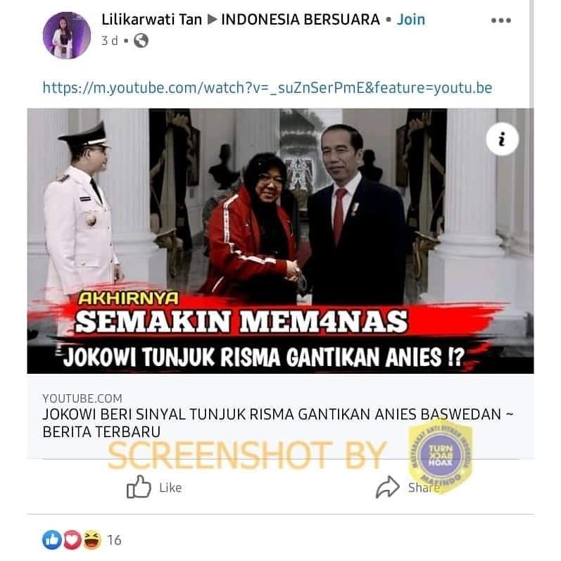 Kabar Hoaks terkait Jokowi beri sinyal kepada Risma untuk gantikan Anies.