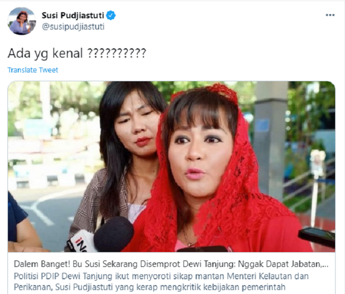 Cuitan Susipudjiastuti soal politisi PDIP Dewi Tanjung.